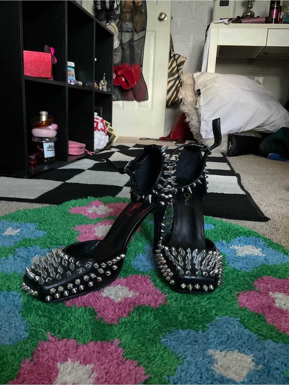 Black Studded Spike Platform Heels - Women
